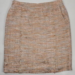 LiliU Cream with Pastels Silk Blend Ribbon Woven Fringe Detail Midi Skirt, sz 14